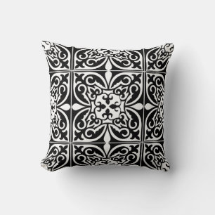 Moroccan tile - black with white background cushion