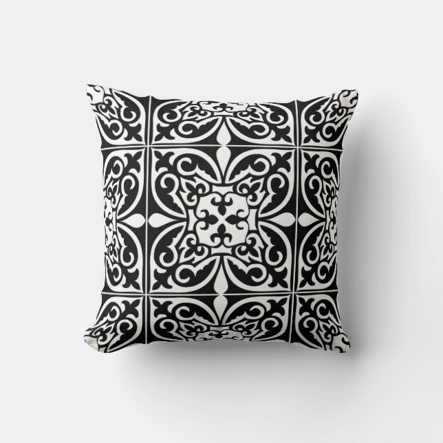 Moroccan tile - black with white background cushion (Front)