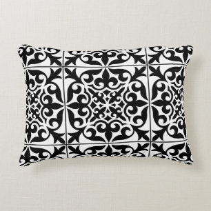 Moroccan tile - black with white background decorative cushion