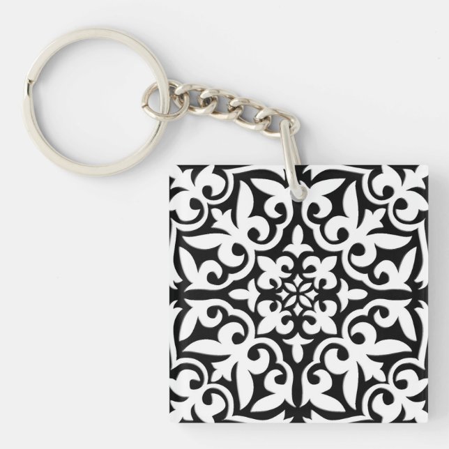 Moroccan tile - black with white background key ring (Front)