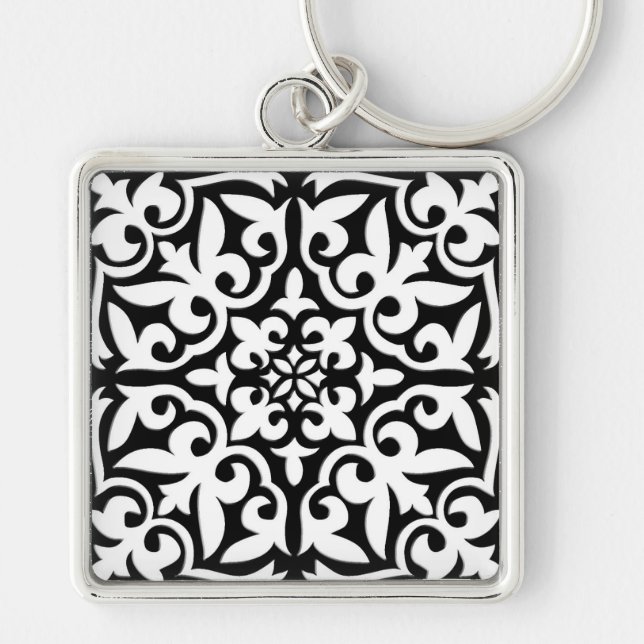 Moroccan tile - black with white background key ring (Front)