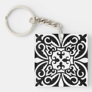 Moroccan tile - black with white background key ring