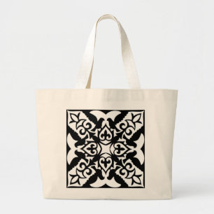 Moroccan tile - black with white background large tote bag