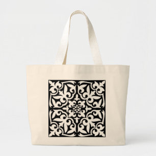 Moroccan tile - black with white background large tote bag