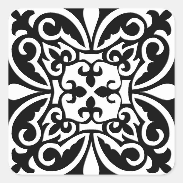 Moroccan tile - black with white background square sticker (Front)