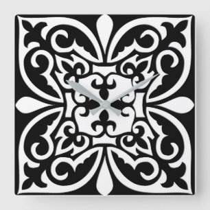 Moroccan tile - black with white background square wall clock