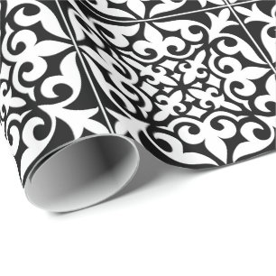 Moroccan tile - black with white background wrapping paper