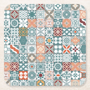 Moroccan tile - blue and brown square paper coaster