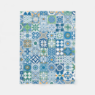 Moroccan tile - blue and green fleece blanket