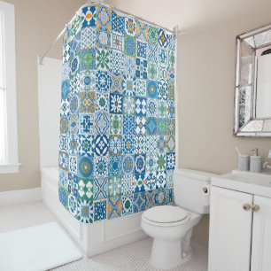 Moroccan tile - blue and green shower curtain