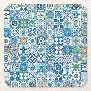 Moroccan tile - blue and green square paper coaster