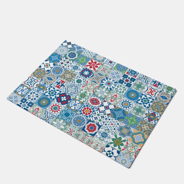Moroccan tile - blue and red doormat (Angled)