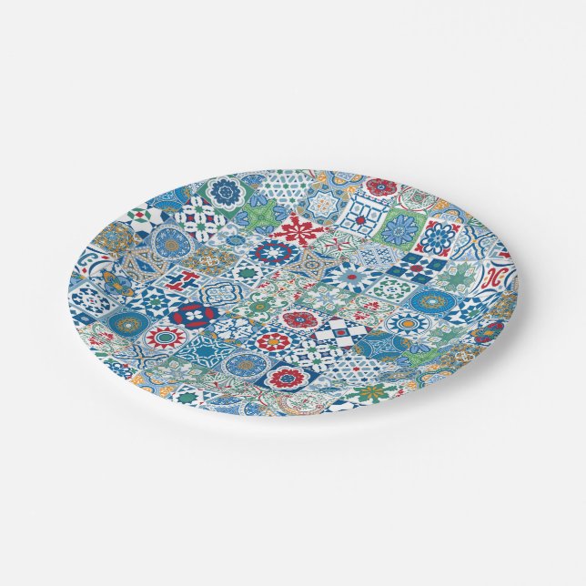 Moroccan tile - blue and red paper plate (Angled)