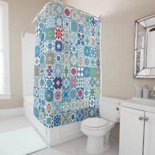 Moroccan tile - blue and red shower curtain