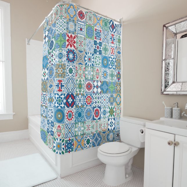 Moroccan tile - blue and red shower curtain (In Situ)