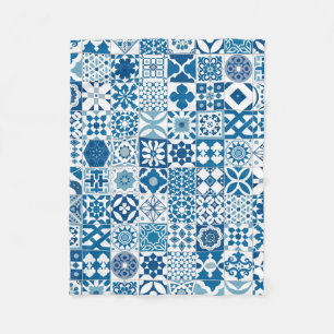 Moroccan tile - blue and white fleece blanket