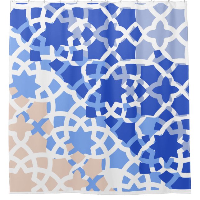 Moroccan tile blue beige print  shower curtain (Front)