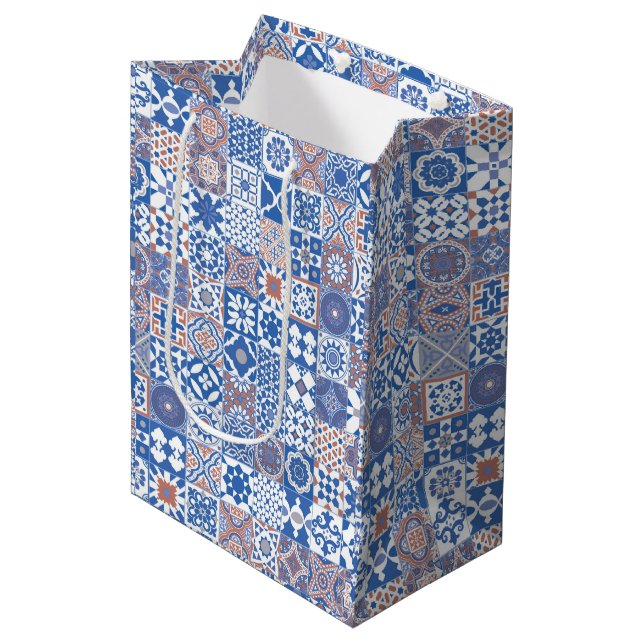 Moroccan tile blue,brown medium gift bag (Front Angled)