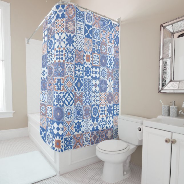 Moroccan tile blue,brown shower curtain (In Situ)