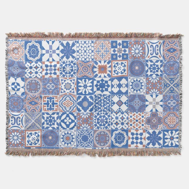 Moroccan tile blue,brown throw blanket (Front)