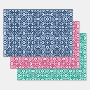 Moroccan Tile, Blue, Fuchsia Pink, Turquoise Wrapping Paper Sheet