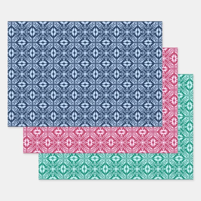 Moroccan Tile, Blue, Fuchsia Pink, Turquoise  Wrapping Paper Sheet (Set)