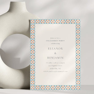 Moroccan Tile Border Teal Orange Engagement Party Invitation