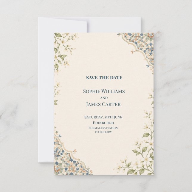 Moroccan Tile Botanical Wedding Save The Date (Front)