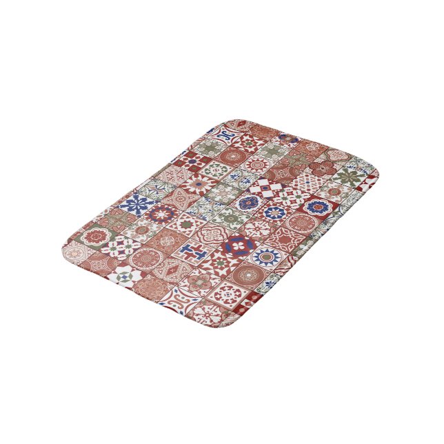Moroccan tile - burgundy and blue bath mat (Angled)