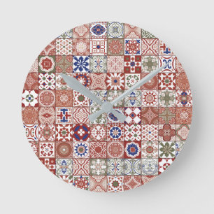 Moroccan tile - burgundy and blue round clock