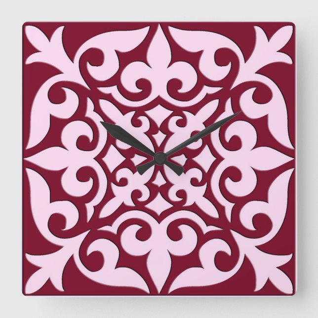 Moroccan tile - burgundy and pink square wall clock (Front)