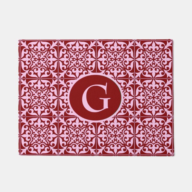 Moroccan tile, burgundy and pink, with monogram doormat (Front)