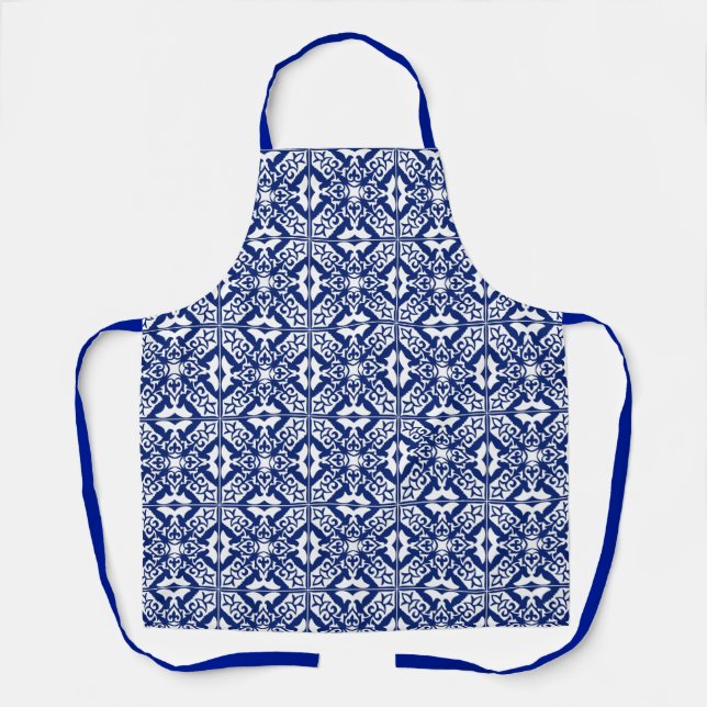 Moroccan tile, cobalt blue and white apron (Front)