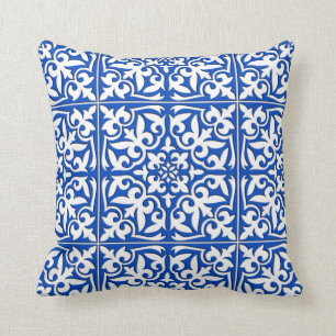 Moroccan tile - cobalt blue and white cushion