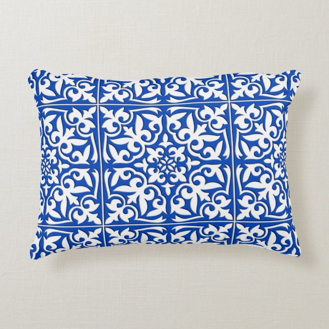 Moroccan tile - cobalt blue and white decorative cushion (Front)