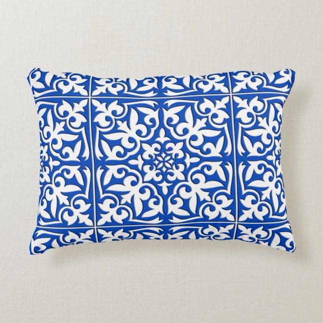 Moroccan tile - cobalt blue and white decorative cushion (Front)