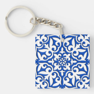 Moroccan tile - cobalt blue and white key ring