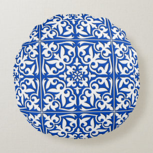 Moroccan tile - cobalt blue and white round cushion