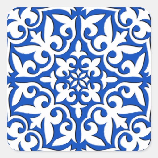 Image of Moroccan tile - cobalt blue and white Square Sticker