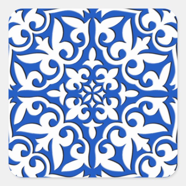 Moroccan tile - cobalt blue and white square sticker (Front)