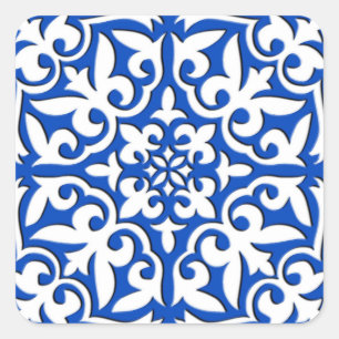 Moroccan tile - cobalt blue and white square sticker