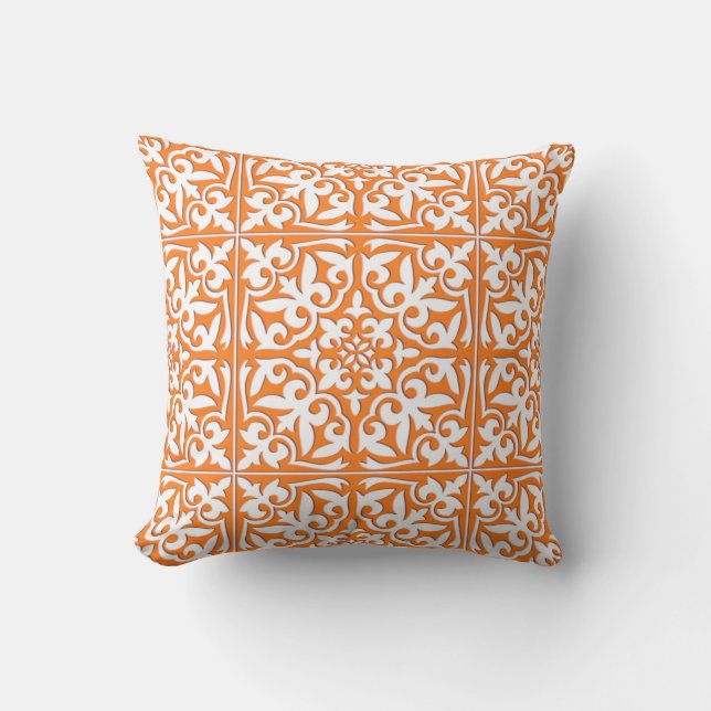 Moroccan tile - coral orange and white cushion (Front)