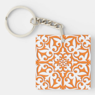 Moroccan tile - coral orange and white key ring