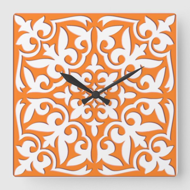 Moroccan tile - coral orange and white square wall clock (Front)