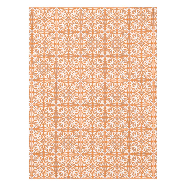 Moroccan tile - coral orange and white tablecloth (Front)