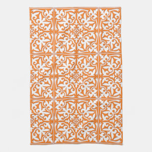 Moroccan tile - coral orange and white tea towel