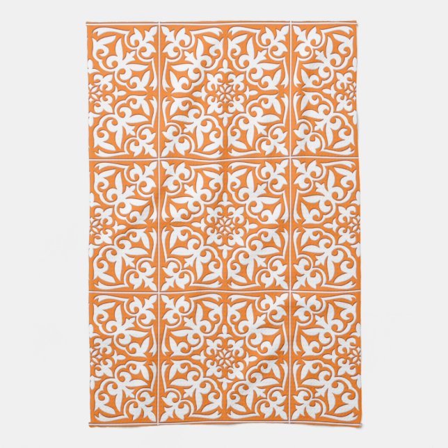 Moroccan tile - coral orange and white tea towel (Vertical)