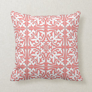 Moroccan tile - coral pink and white cushion