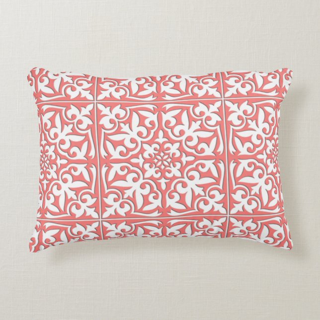 Moroccan tile - coral pink and white decorative cushion (Front)