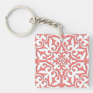 Moroccan tile - coral pink and white key ring